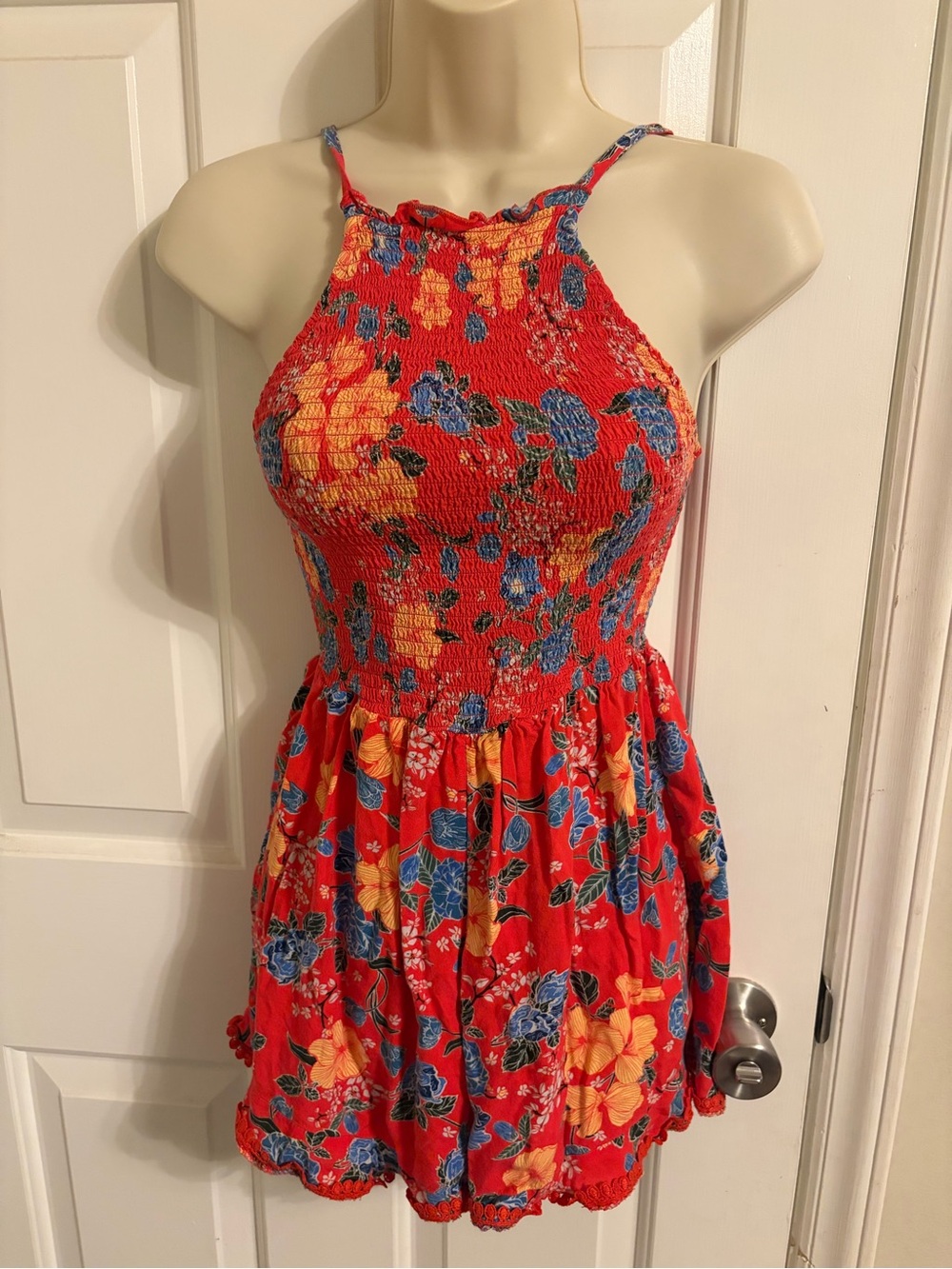 No Boundaries Red Floral Smocked Romper with Blue & Yellow Flowers